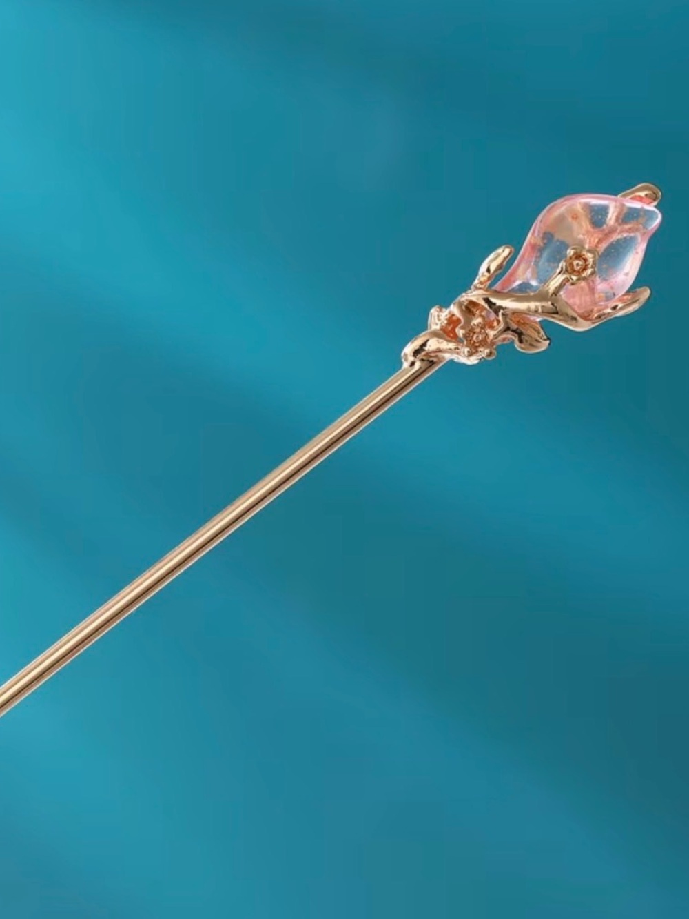 Source Unknown Gold-Tone Hair Pin with Pink Glass Blossom